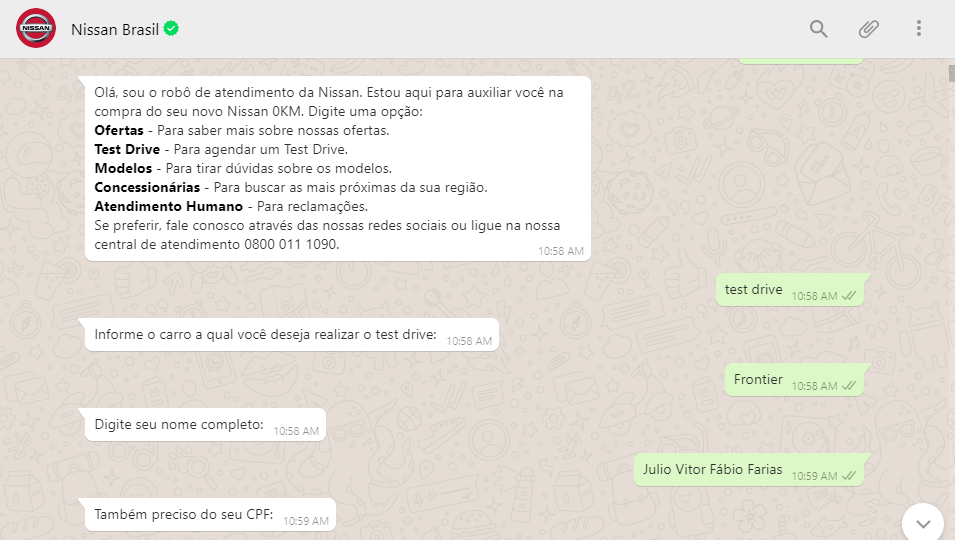 Nissan agenda teste drive por WhatsApp